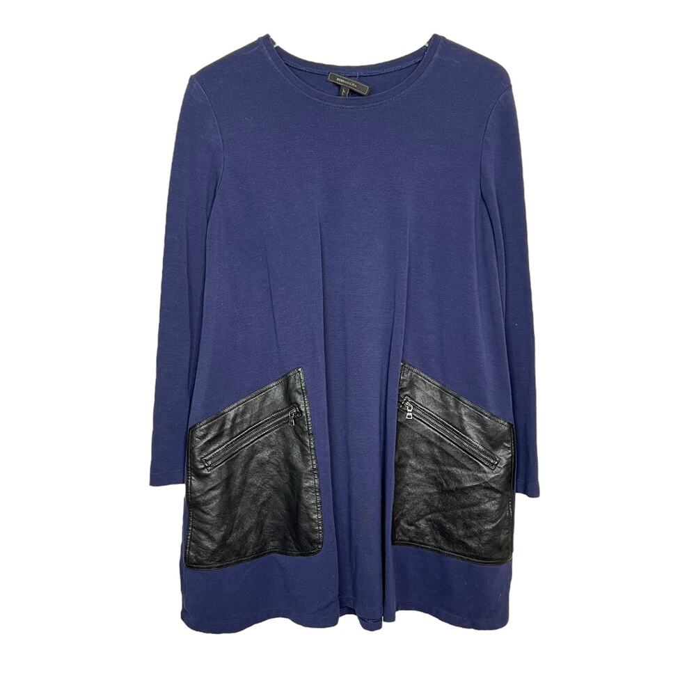BCBGMAXAZRIA Farah Long Sleeve A-Line Dress Faux Leather Pockets Navy Blue XS